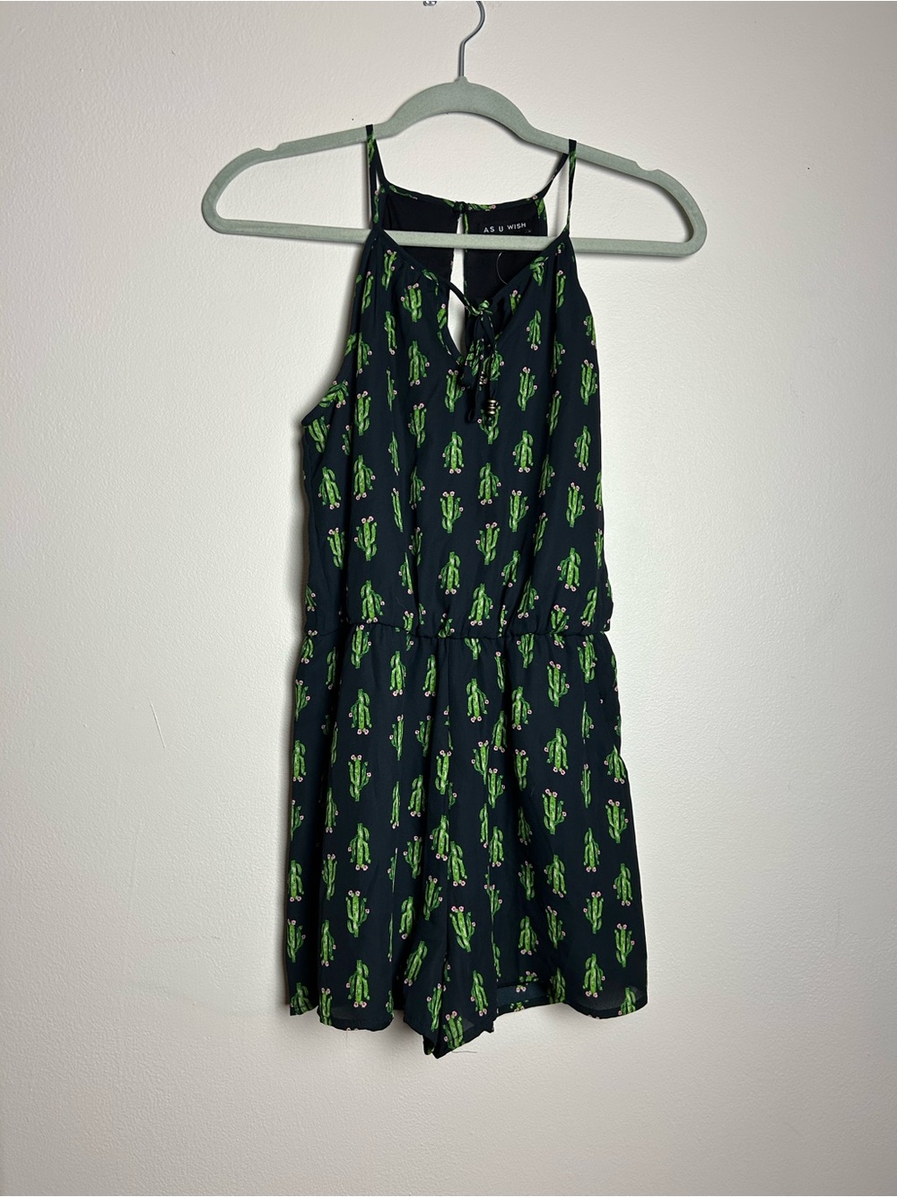 As u Wish Navy Romper with Green Cactus Print